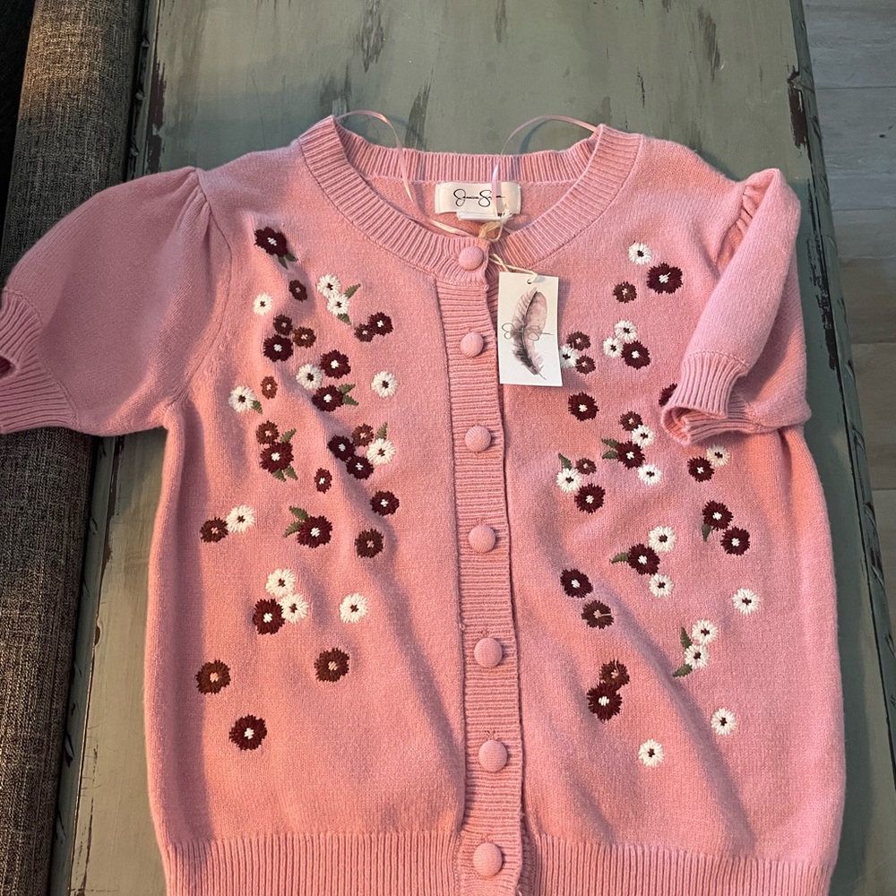 Jessica Simpson Pink Floral Embroidered Button Cardigan